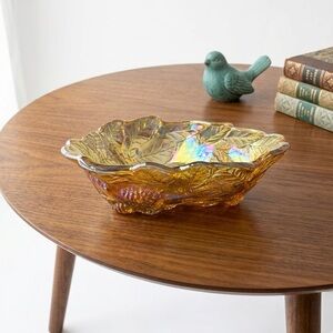 Vintage Marigold Carnival Glass Berry & Leaf Dish - Iridescent Amber Candy Bowl